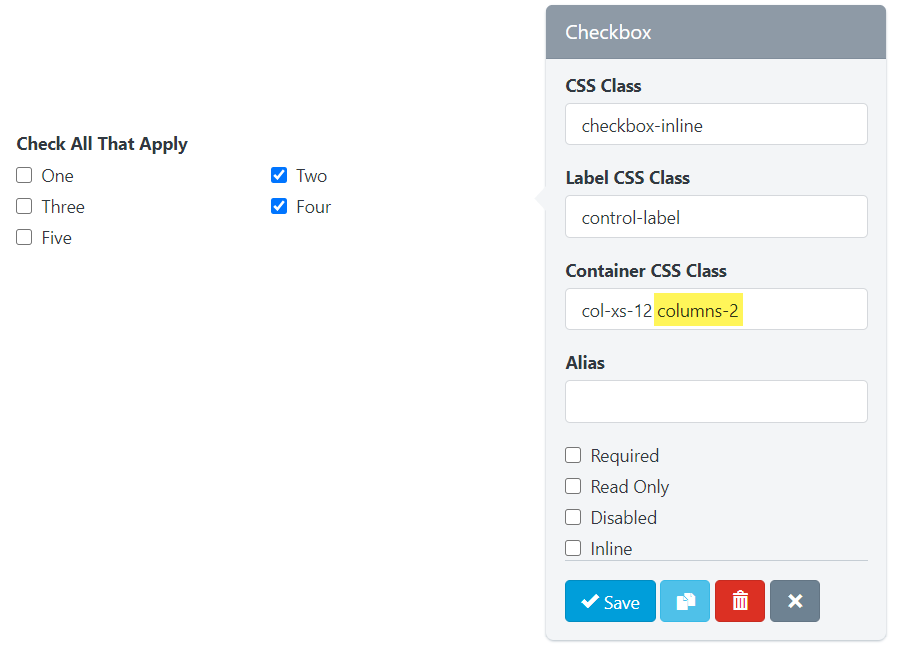 NPOHarmony - Form - Builder - Checkbox - Multiple Columns