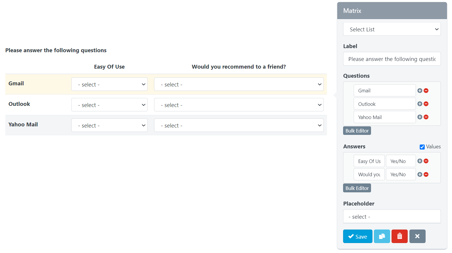 NPOHarmony - Form Builder - Matrix Field with Select List